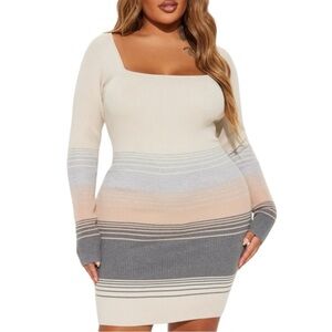 Plus Size, Fashion Nova Cream and Gray Bodycon Dress Long Sleeve Square Neck, 2X